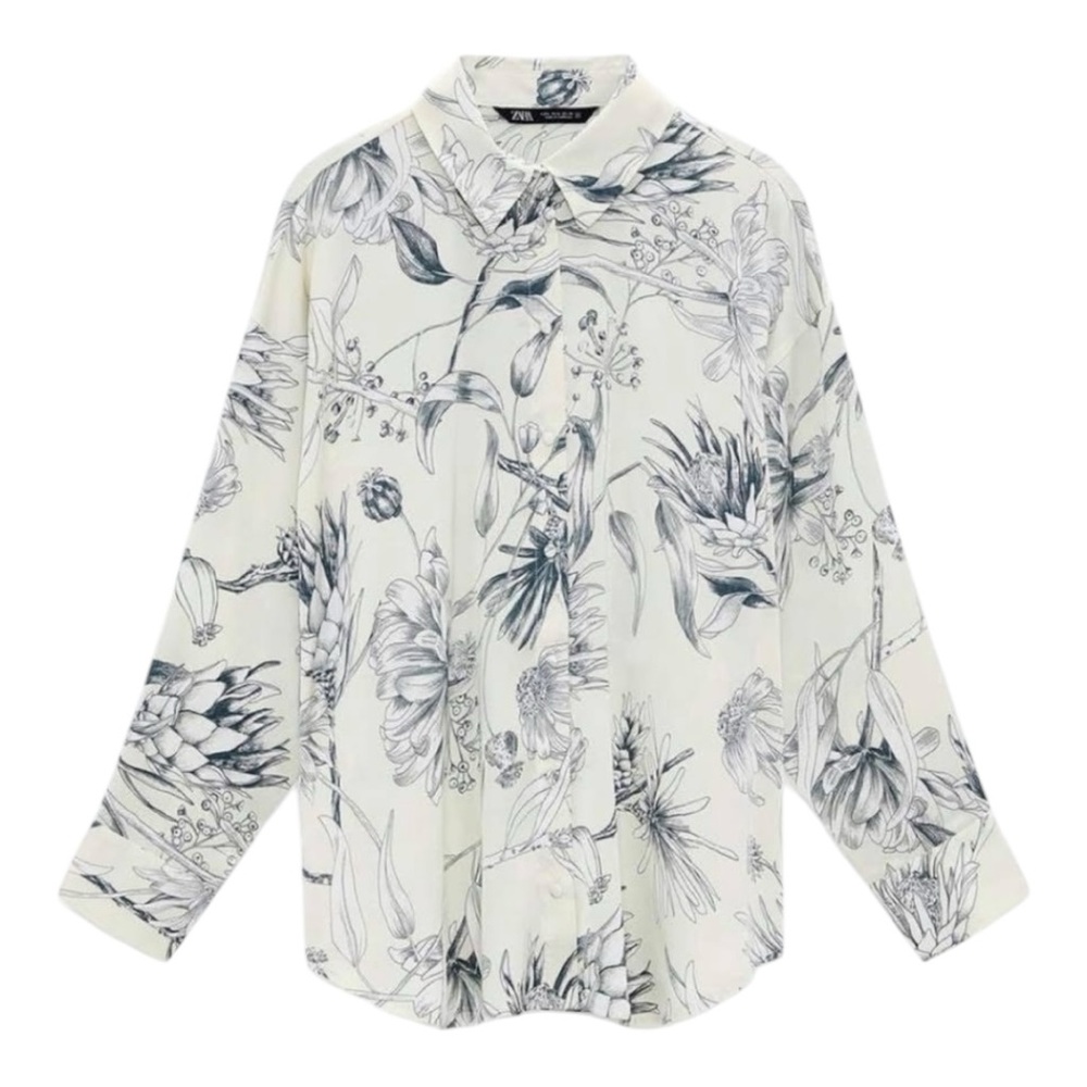 Zara Pale Yellow Floral Print Satin Oversized Button Down Blouse - XS *
